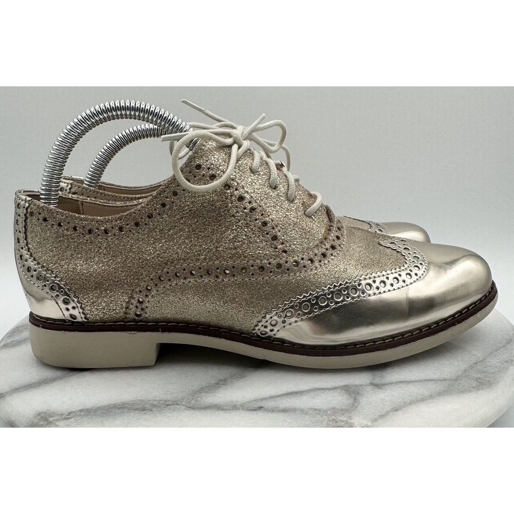 Cole Haan Alisa Womens Size 5B Gold Shimmer Leather Lace Up Wingtip Oxford Shoes